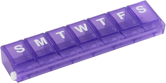 EZY DOSE Weekly (7-Day) Pill Planner, Medicine Case, Vitamin Organizer Box, Small Locking Compartments to Secure Prescription Medication and Prevent Accidental Spilling, Purple