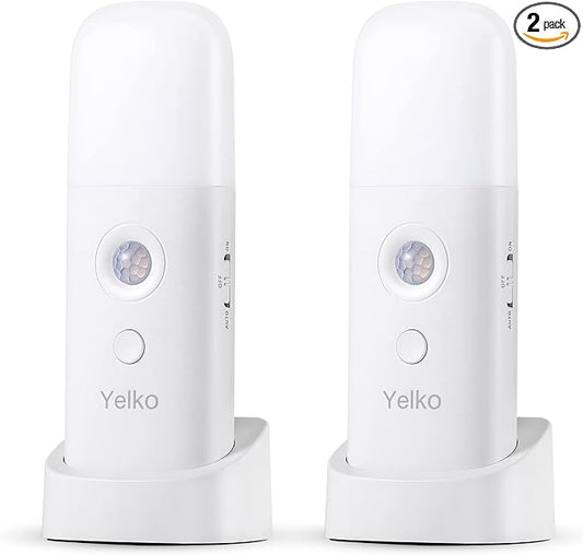YELKO Motion Sensor Night Light, 2000mAh Rechargeable Night Lights Battery Powered, Portable Dimmable Nightlights with 5 Brightness Levels for Kids,Adults(Cool White 2Pack)