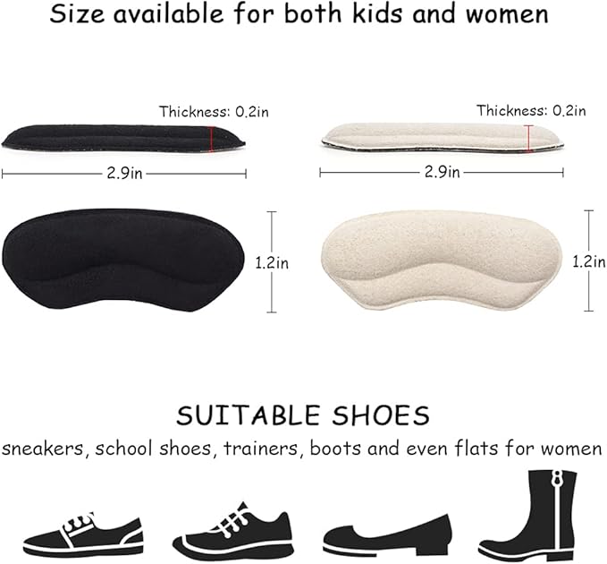 Dr. Foot’s Heel Grips for Kids and Women, Self-Adhesive Heel Cushion Inserts for Girls and Boys Prevent Heel Slipping, Rubbing, Blisters, Foot Pain - 4pairs (Beige+Black)