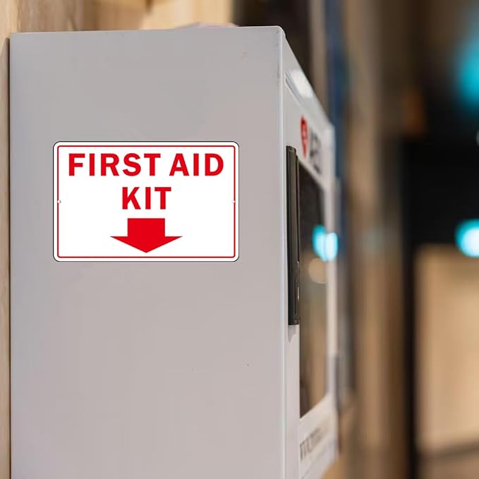 First Aid Sign, (2 Pack) Self Adhesive First Aid Kit Sign for Wall, Aluminum Metal Signs With 2 Pre-drilled Holes (9 x 6 inches, White/Red)
