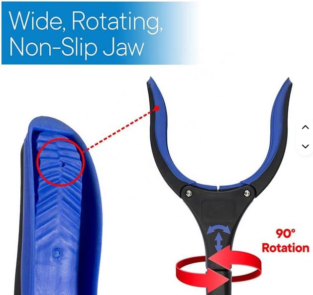 HabNabber Blue Reacher Grabber. 2026 Durable PowerGrip. Wide Jaws, 360 swivel head, Foldable, Steel Cable, with 96 Grip Points for Firm Grip, 32" with Magnet.
