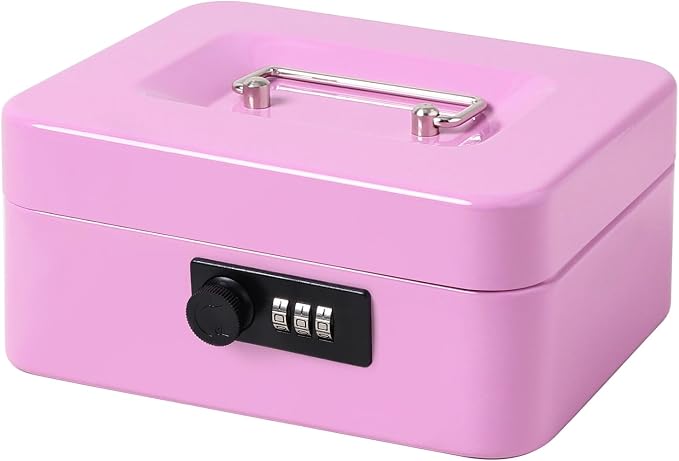 Jssmst Medium Cash Box with Combination Lock - Durable Metal Cash Box with Money Tray Light Purple,7.87 x 6.3 x 3.35 inches