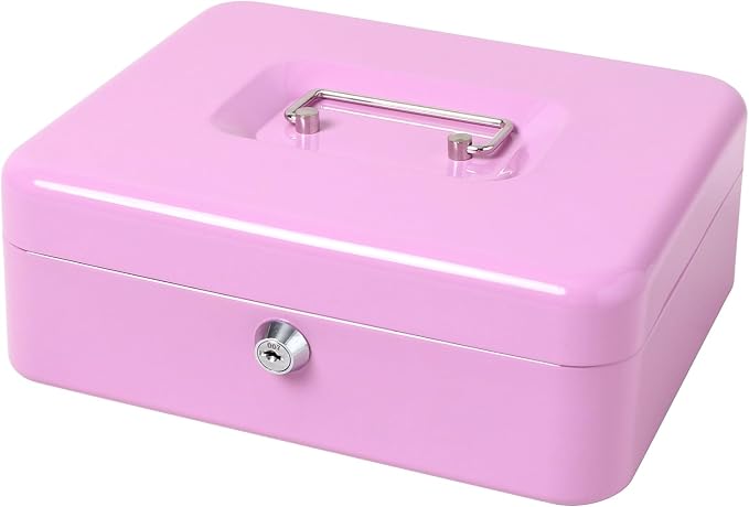Jssmst Cash Box with Tray - Light Purple Money Box with Key Lock, Money Saving Box Lock Box, 9.84'' x 7.87'' x 2.6'', Light Purple