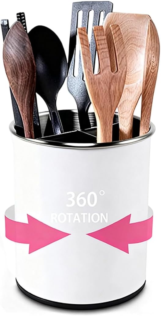TENGINE Stainless Utensil Holder 360° Rotating 6.5X5.25 Inch Utensil Crocks for Kitchen Counter with Removable Divider White