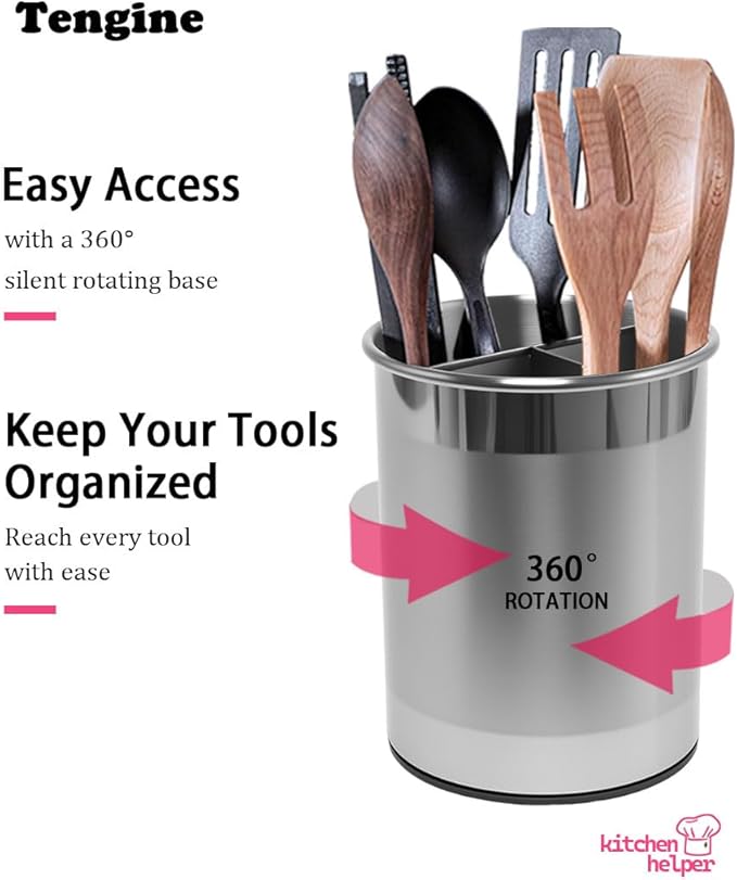 TENGINE Stainless Utensil Holder 360° Rotating 6.5X5.25 Inch Utensil Crocks for Kitchen Counter with Removable Divider Bright