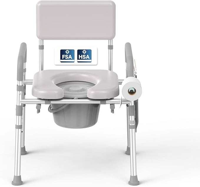 Bedside Commode Toilet, Padded Seat & Backrest, Height Adjustable Aluminum Potty Chair | 350lb, Tool-Free Assembly, Removable Bucket, Portable Toilet for Adults & Seniors