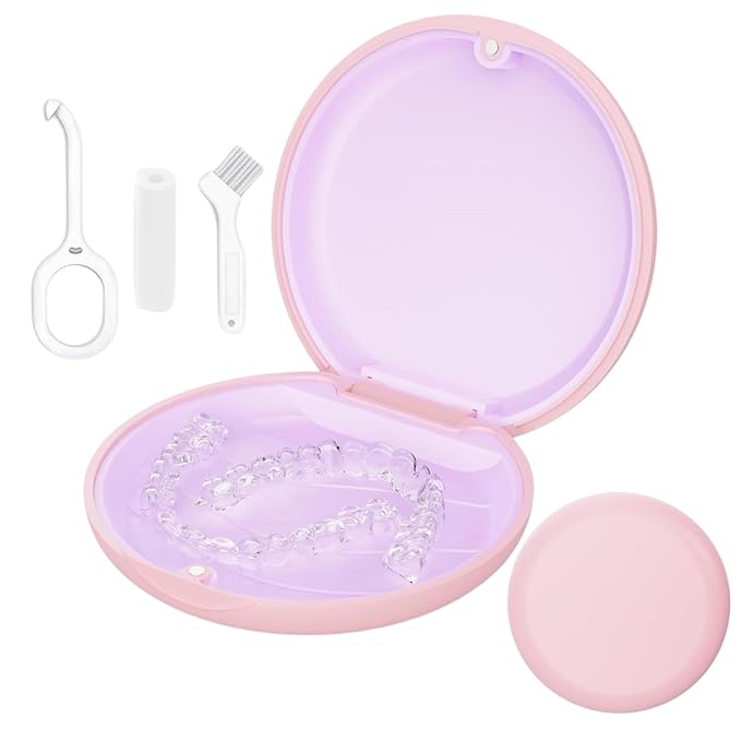 Retainer Case, Slim Aligner Cases for Invisalign, Mouthguard Case with Removal Tools& Aligners Chewies& Brush, Removable Inner Tray Silicone for Easy Cleaning (Pink)
