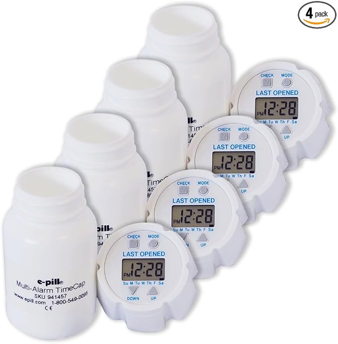 TimeCap Bottle Cap with Last Opened Time Stamp & Reminder | Tracks Last Open Date for Medication, Vitamins, Supplements & Pet Care (4)