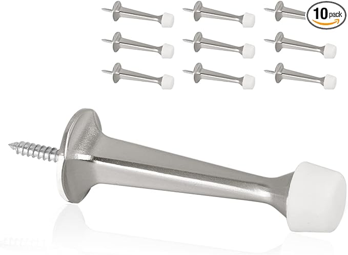 10 Pack Solid Rigid Door Stops - Heavy Duty Door Stoppers Wall Protector with Soft Rubber Tips, Satin Nickel