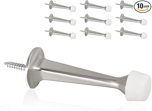 10 Pack Solid Rigid Door Stops - Heavy Duty Door Stoppers Wall Protector with Soft Rubber Tips, Satin Nickel