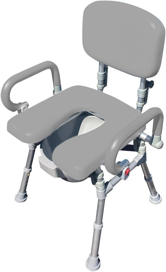 Platinum Health UltraCommode™ Foldable Commode and Shower Chair, Soft, Warm, Portable and Foldable XL Toilet Seat with Open Front, Padded Armrests, Adjustable Height, Includes Free Commode Pail, Gray