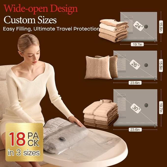 Vacbird Travel Vacuum Bags with Rechargeable Pump, Carry-On Space Saver | See Contents Easily with Transparent Bags, 1500mAh Pump Compresses 90+ Bags, Carry-On Size for Easy Travel Packing