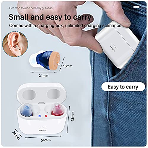 Rechargeable Hearing Aids for Seniors & Adults, Invisible Hearing Aid With Noise Cancelling, Rechargeable Hearing Aid with Storage and Charging Combo Portable Charging Case, Two Blue & Red