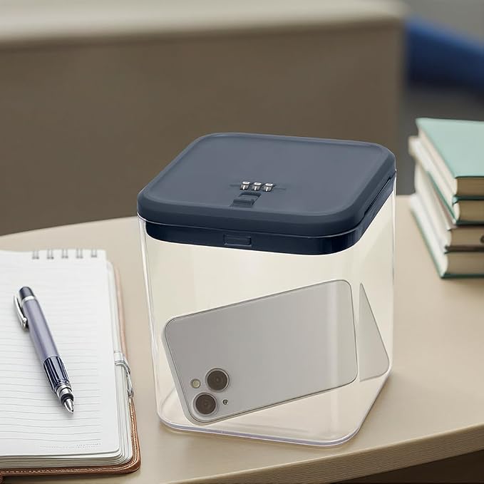 Clear Lockable Storage Box for Medicine Safe,Food Jar,Snacks,Phone - Secure Lock Box Refrigeator Container Bin Store Tank with Combination for Kitchen,Home,Office,Hospital (5.6×5.6×6.3 In) (Navy)