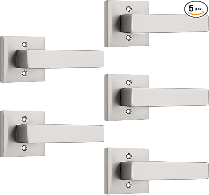 KNOBWELL 5 Pack Interior Dummy Door Handles Brushed Nickel, Closet Hallway Pantry Square Door Levers Fake Door Knob Single Side Door Handle