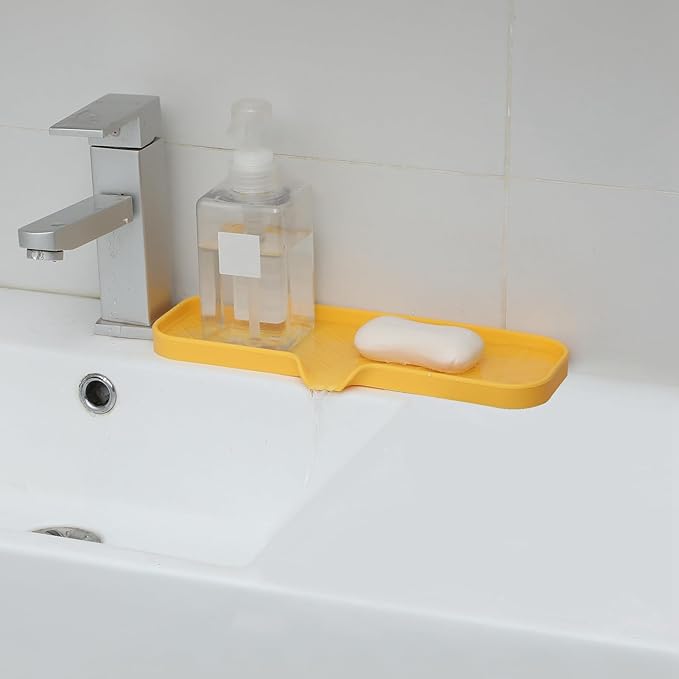 Silicone Bathroom Soap Dishes with Drain Spout-Bathroom and Kitchen Sink Organizer,Sponge Holder,Dish Soap Tray,Perfect for Dispenser,Scrubber,Bottle,Cup on Sink or Counter-Yellow 12"×4"