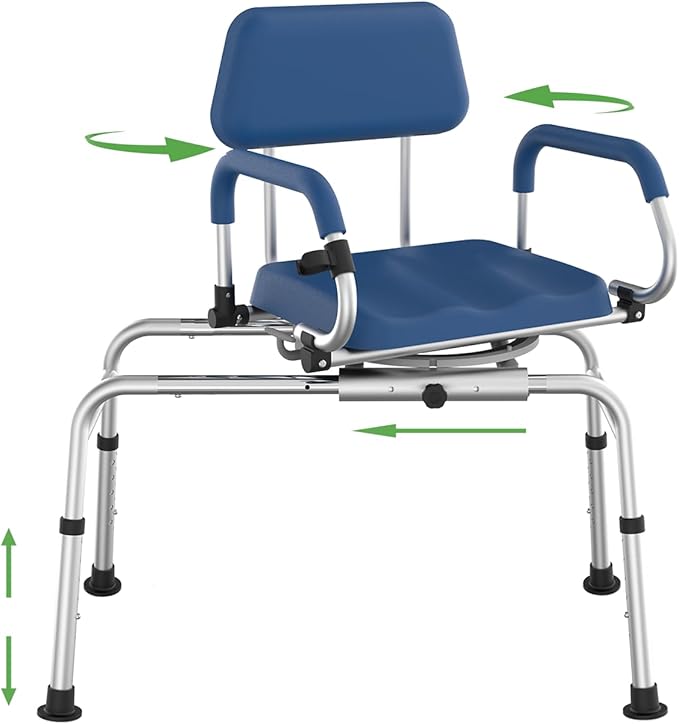 Sliding Shower Chair Tub Transfer Bench with Swivel Seat, Premium Padded Seat and Backrest, Pivoting Arms, Height Adjustable for Tubs, Inside Shower, for Handicap & Seniors，350 Lbs