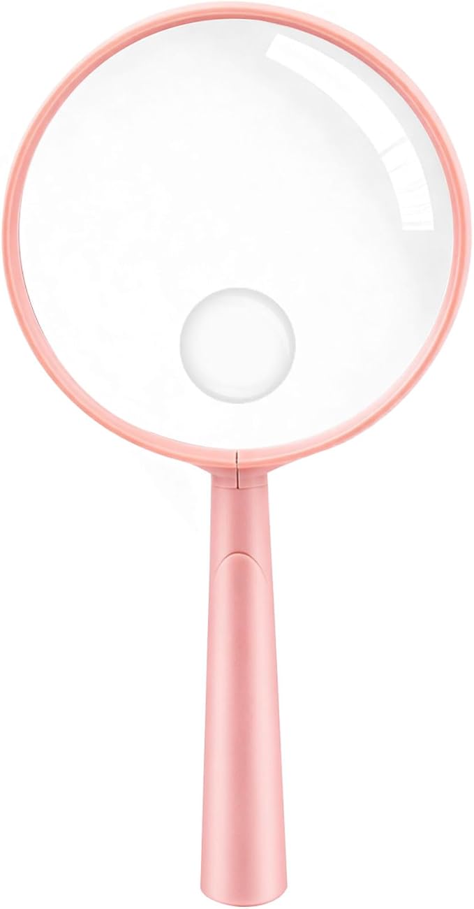 Feosky Handheld Reading Magnifier, 10X Magnifier, 90mm Shatterproof Lens, Adults Close Work Non-Slip Handle for Seniors Reading and Nature Exploration, Insect and Hobby Observation(Pink)