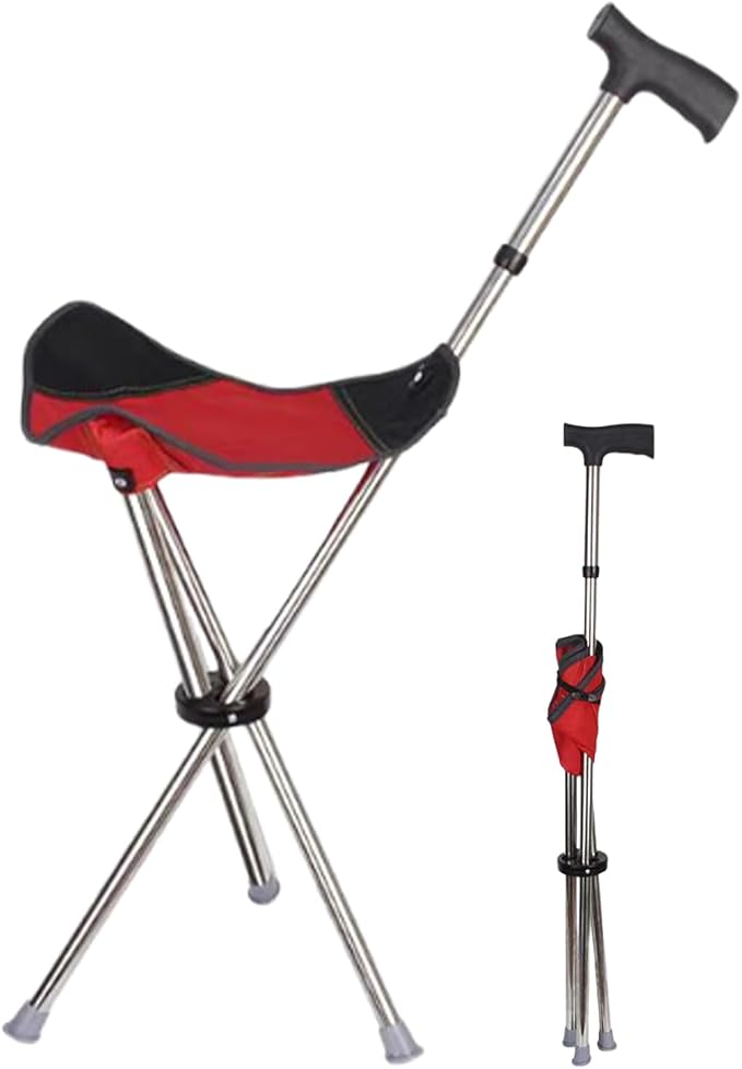 Cane with Chair - 50cm Oxford Cloth Walking Stick, Anti Slip Mobility Aid Stool, Fold Seat for Elderly Adults, Steel Frame Oxford Cloth Support | Portable Travel Hiking Camping Outdoor Convenient