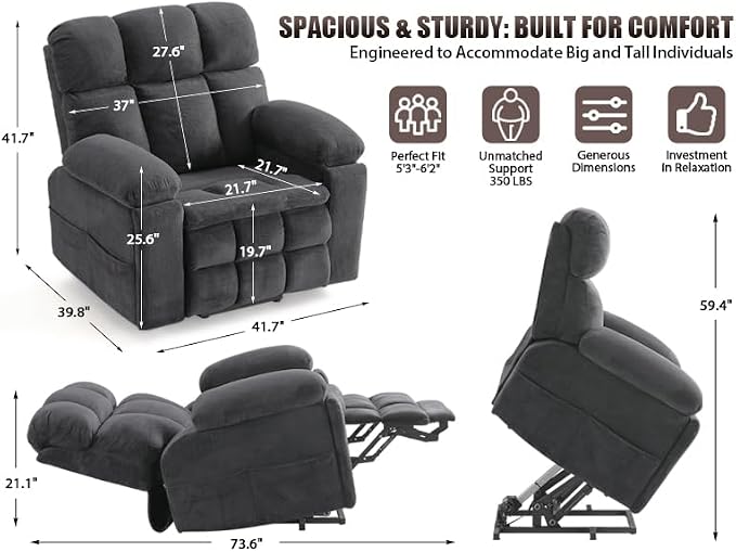 Power Lift Recliner Chair for Elderly, Dual Motor Oversized Recliner with Heat & Massage, Adjustable Headrest, Lay Flat Zero Gravity Recliner with Cup Holder, USB/Type-C Ports & Storage-Grey
