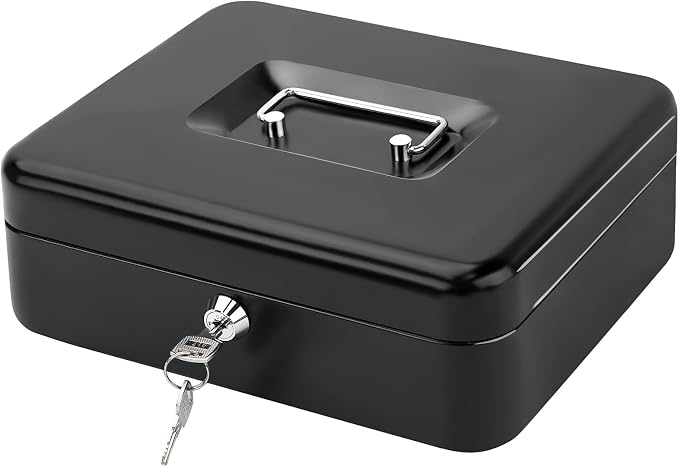 Jssmst Cash Box with Key Lock, Money Box with Cash Tray, Lock Box, Black, Large