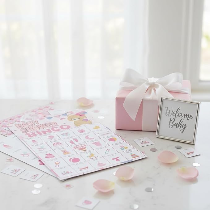 Baby Shower Bingo Game Cards Set for Guests Adults, Pink Bear Baby Shower Party Bingo Game Gender Reveal Bingo Game for Family Friends Large Group Activity, Favors Supplies Decorations