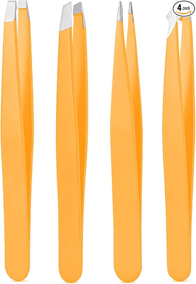 Derlaier Tweezers Set Professional High Precision Stainless Steel Eyebrow Remover Ingrown Hair & Splinter Removal Kit Facial Hair Grooming Tools for Men Women Orange 4 Pcs