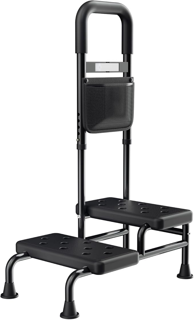 Step Stool with Handle for Adults- Step Stools for Seniors with Adjustable Handrail, Non-Skid Platform, Elderly, Foot Stool, Bed Steps for High Beds for Adults (2 Step Stool)