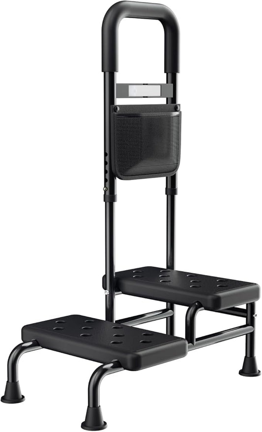 Step Stool with Handle for Adults- Step Stools for Seniors with Adjustable Handrail, Non-Skid Platform, Elderly, Foot Stool, Bed Steps for High Beds for Adults (2 Step Stool)