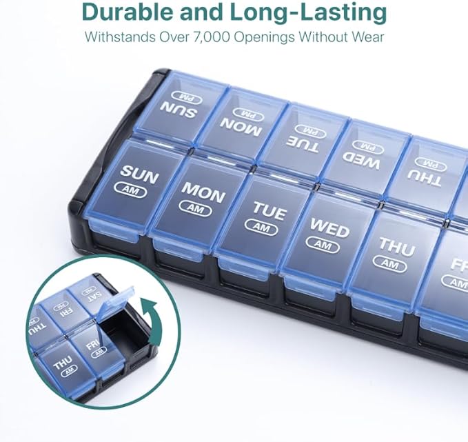 Sukuos Weekly Pill Organizer 7 Day 2 Times a Day, Quick Fill Daily Pill Box AM PM, Easy to Open Large Vitamin Cases (Blue)