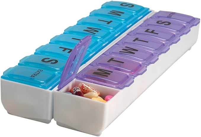 EZY DOSE Weekly (14-Day) Daily Pill Case, Medicine Planner, Vitamin Organizer, Supplement Container, 2 Detachable Weeks + Extra, Large Snap Compartments, Easy Open, Blue and Purple, BPA Free