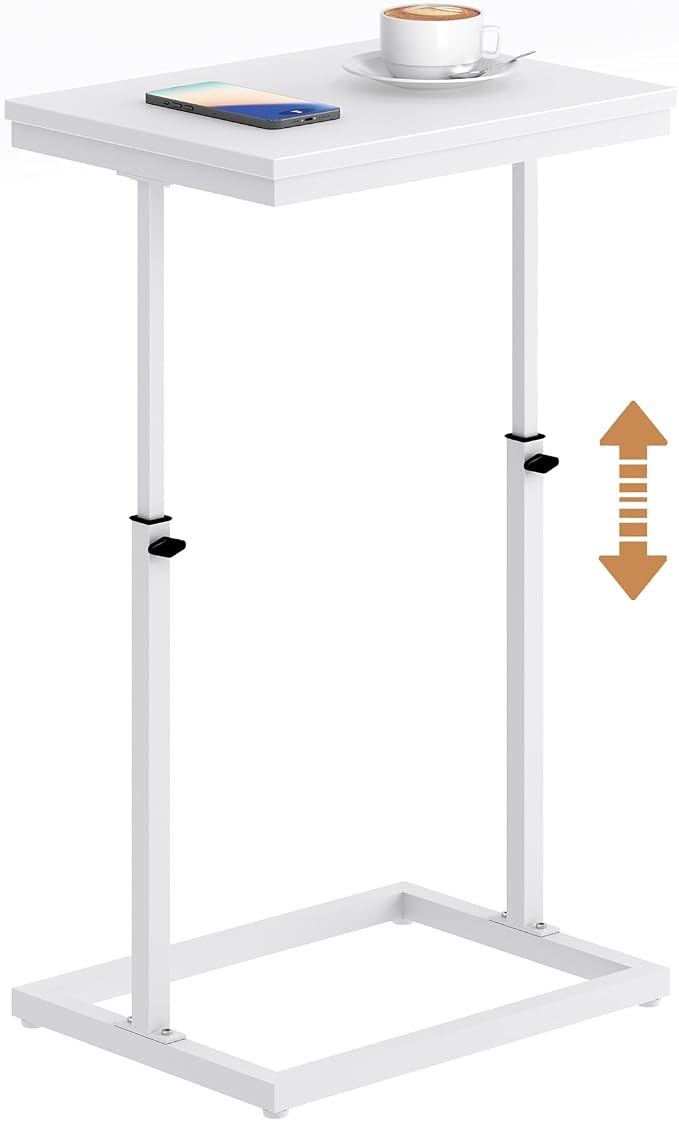 TUTOTAK End Table with Charging Station, Side Table, Tall Couch Table | Sofa Table, for living Room, Bedroom, White TB01BW084