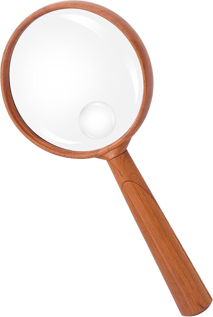 Feosky Handheld Reading Magnifier, 10X Magnifier, 75mm Shatterproof Lens, Adults Close Work Non-Slip Handle for Seniors Reading and Nature Exploration(Wood Grain)