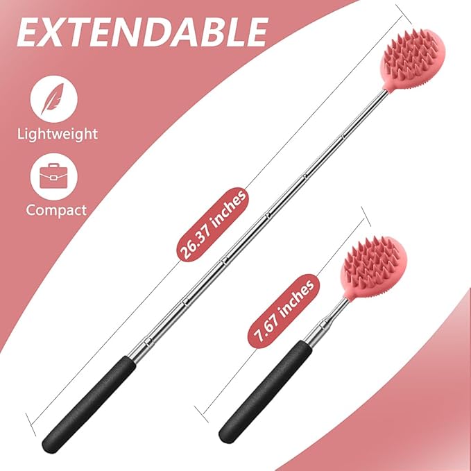 Back Scratcher with 3 Detachable Scratching Heads Silicone Massager Extendable Telescoping for Itches Lotion Application Spa Whole Body Seniors The Disabled Baby Men Women Kids Adults Pink