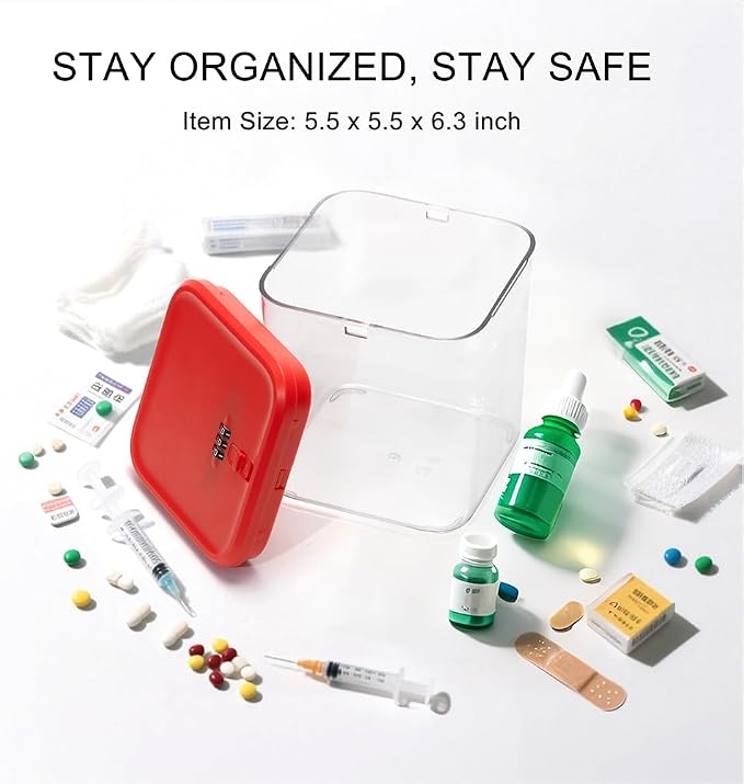 Clear Lockable Storage Box for Medicine Safe,Food Jar,Snacks,Phone - Secure Lock Box Refrigeator Container Bin Store Tank with Combination for Kitchen,Home,Office,Hospital (5.6×5.6×6.3 In) (Red)