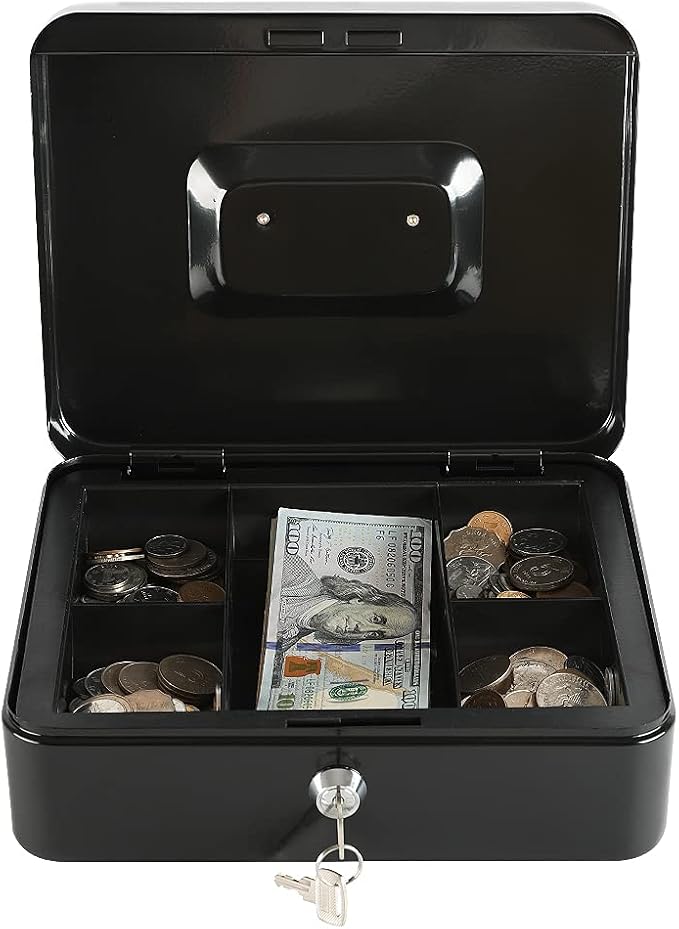 xydled Locking Steel Large Cash Box with Removable Coin Tray and Key Lock,9.84"x 7.87"x 3.54",Black