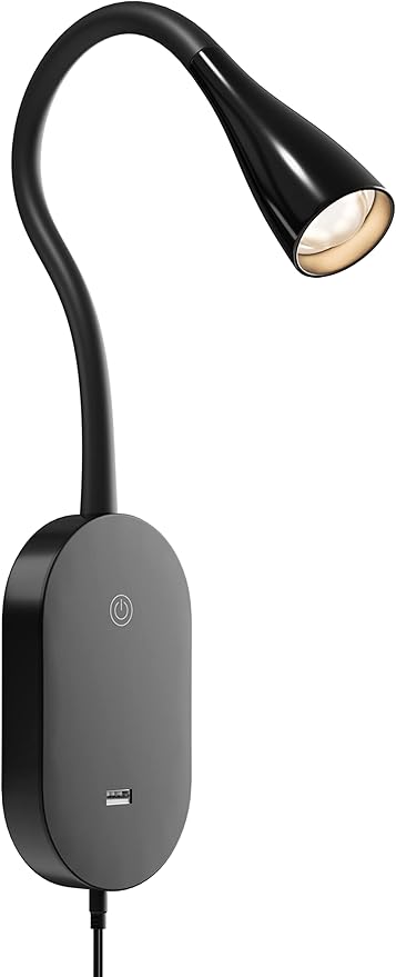 deeloop LED Wall Mount Reading Light for Bed, Reading Lamp with USB Output 5 Brightness Levels Touch Control Book Lights, 4000K Bedside Lamp Flexible Head Rotation, 2 Easy Install Options
