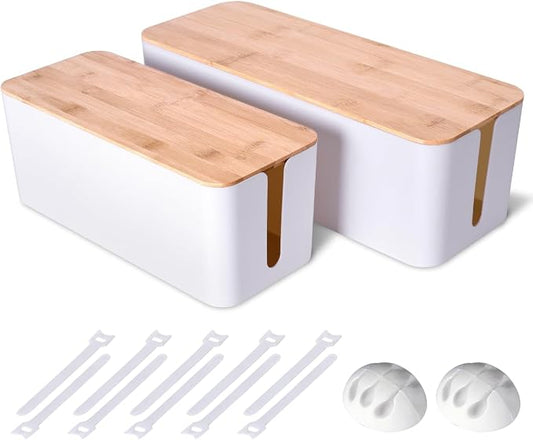 2 Pack Large Cable Management Box – Wooden Style Cord Organizer and Cover for TV Wires, Computer, Router, USB Hub and Under Desk Power Strip – Safe ABS Material and Baby-Pets Proof Lock (White)