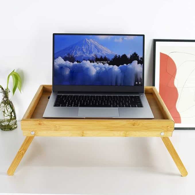WKWKER Bamboo TV Bed Tray Table with Folding Legs Serving Trays Drawing Table Portable Laptop Desk Snack Table Breakfast Trays (Natural)