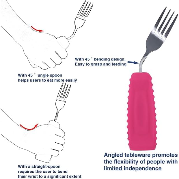 Adaptive Utensils Angled Spoon and Fork for Hand Tremors Parkinsons,Weighted Utensils with Non-Slip Easy Grip Handles for Independent Eating (1pcs Spoon+1pcs Fork=2 pcs,Pink,Left Hand)