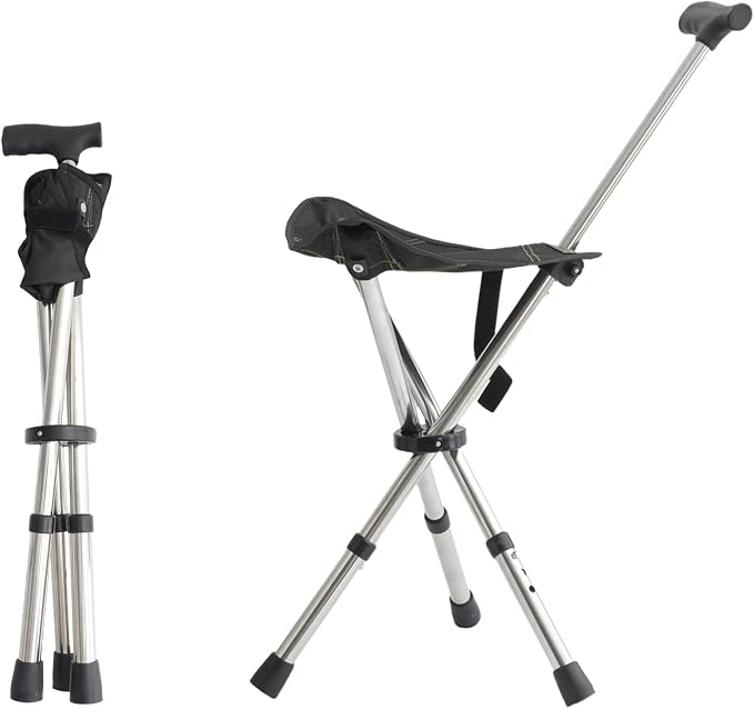 King Mills Lightweight Portable Stools for Adults Heavy Duty, Adjustable Walking Chair for Adults, Anti-Slip Cane Seat Walking Stick Folding Seat 250 Lbs Above Ideal for Camping & Hiking