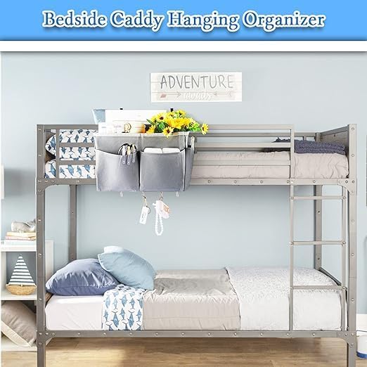 Bedside Caddy Organizer 5 Pockets 4 Hooks Bunk Bed 2Pack Grey | Hanging Storage Bag for Headboards