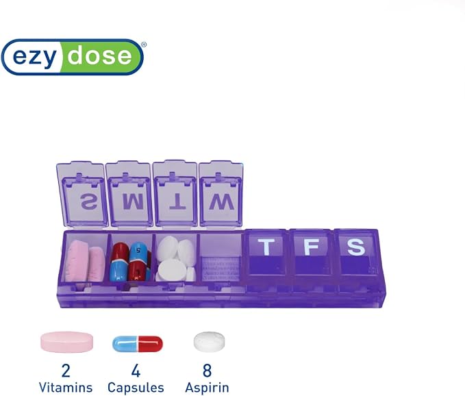 EZY DOSE Weekly (7-Day) Pill Case, Medicine Planner, Vitamin Organizer, Small Locking Compartments to Secure Prescription Medication and Prevent Accidental Spilling, Color May Vary, BPA Free