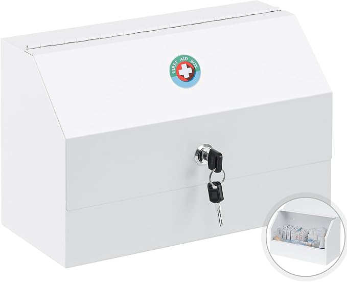 KYODOLED Medicine Lock Box with Keys, Wall Mount Steel Cabinet, White | Medium size 12.2 x 5.9 x 7.87 in, steel build, locking access, child-safe storage for home, school & emergency use