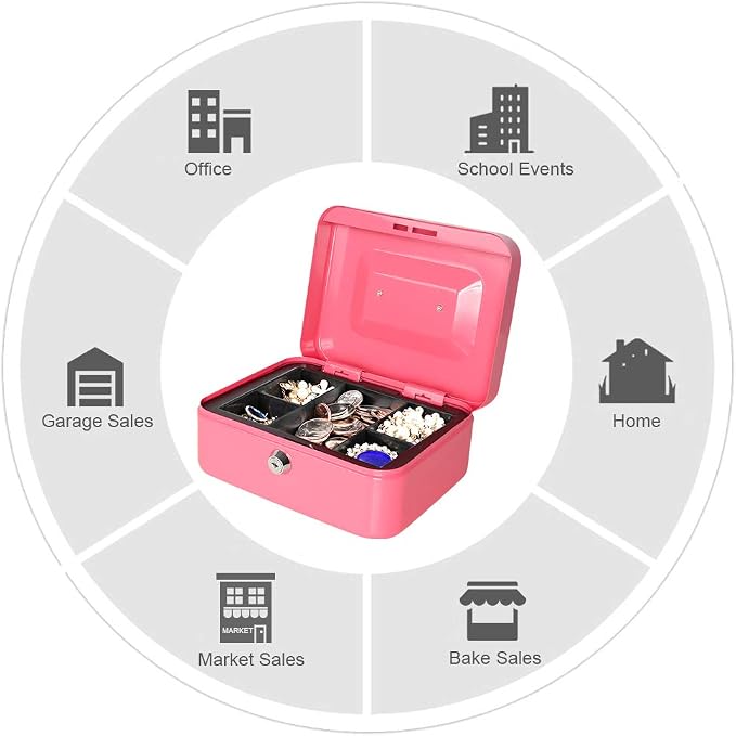 Jssmst Small Cash Box with Key Lock - Durable Metal Cash Box with Money Tray Pink, CB0104M