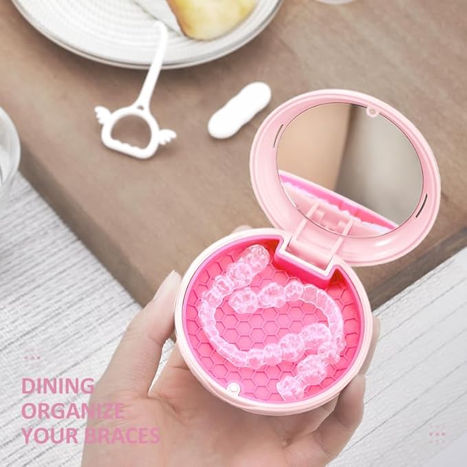 Retainer Case Slim Aligner Case with Vent Holes Removable Inner Tray Silicone for Easy Cleaning, Retainer Removal Tool and Brush (Opaque Pink with Lanyard)
