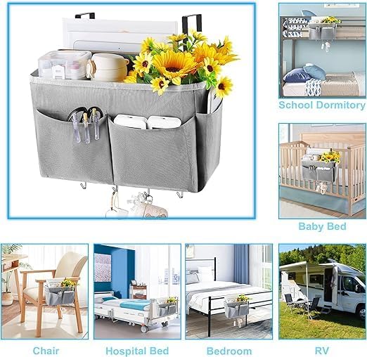Bedside Caddy Organizer 5 Pockets 4 Hooks Bunk Bed 2Pack Grey | Hanging Storage Bag for Headboards