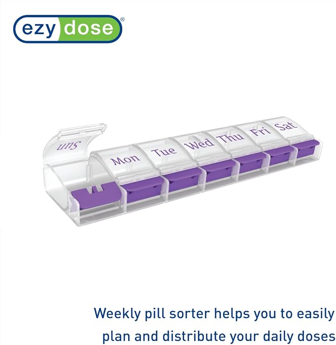 EZY DOSE Weekly (7-Day) AM/PM Daily Pill Organizer, Vitamin Case, and Medicine Container, X-Large Compartments, Arthritis Friendly, Convenient with Effortless Portability, Clear/Purple Lids, BPA Free