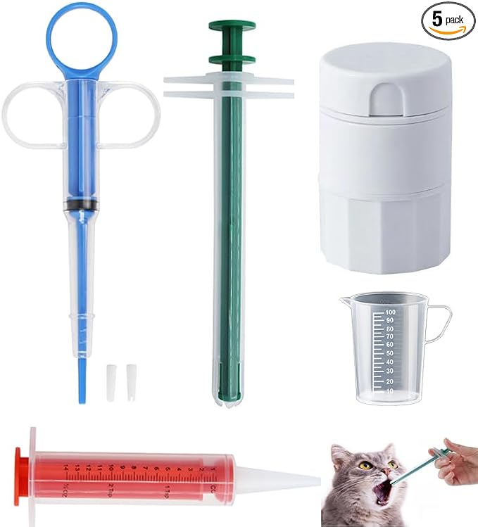Cat Pill Shooter 5-in-1 Kit, Pet Pill Cutter and Crusher for Cats and Dogs, Dog Tablet Soft Tip Syringe and Medical Feeding Liquid Dispenser Tool with Plastic Measuring Cup 100ml