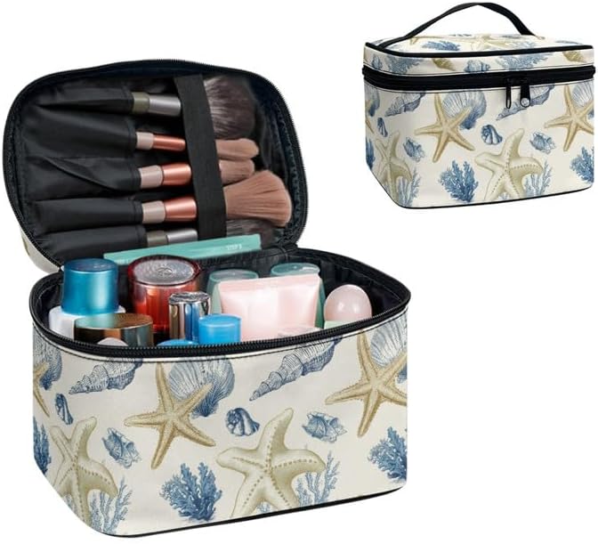 Seashells Starfish Travel Makeup Bag Toiletry Bags for Women, Hand Drawn Sea Life Portable Large Capacity Cosmetic Pouch Brush Storage Organizer